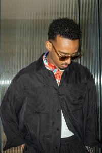 Sandwashed Cupro Shirt — on model with scarf