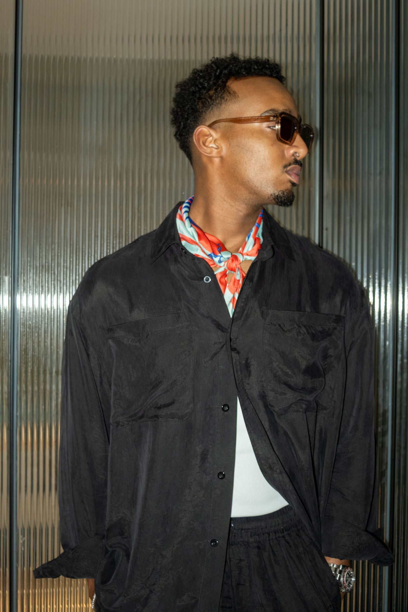 Sandwashed Cupro Shirt — on model with scarf