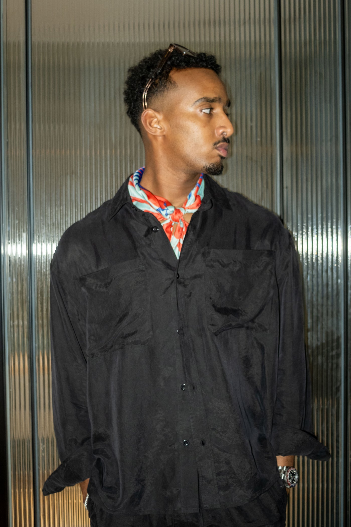 Sandwashed Cupro Shirt — on model with scarf