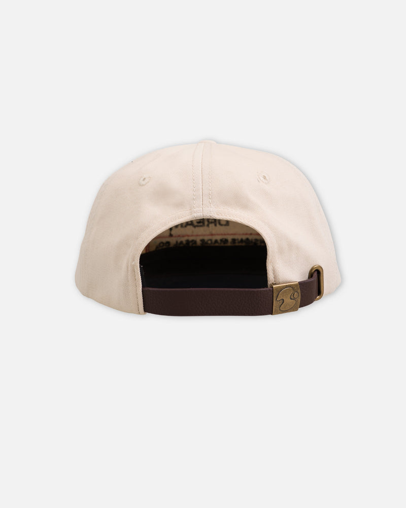 Two-Tone Patchwork Hat - back with leather strap and brass buckle