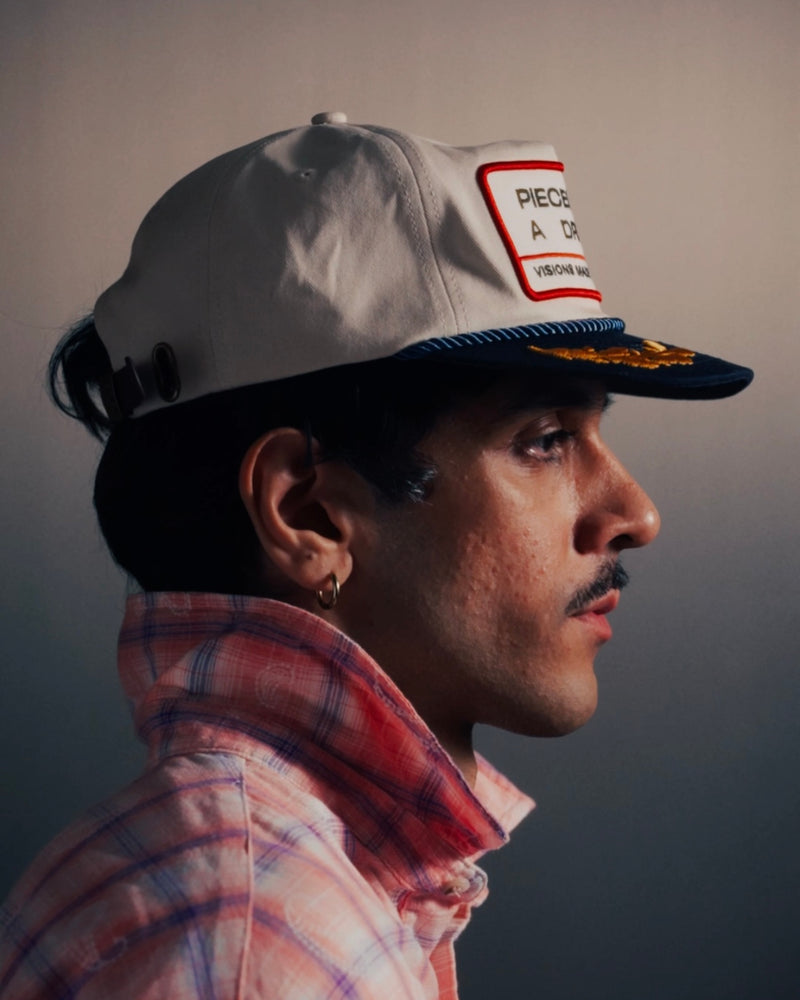 Two-Tone Patchwork Hat - on model, profile